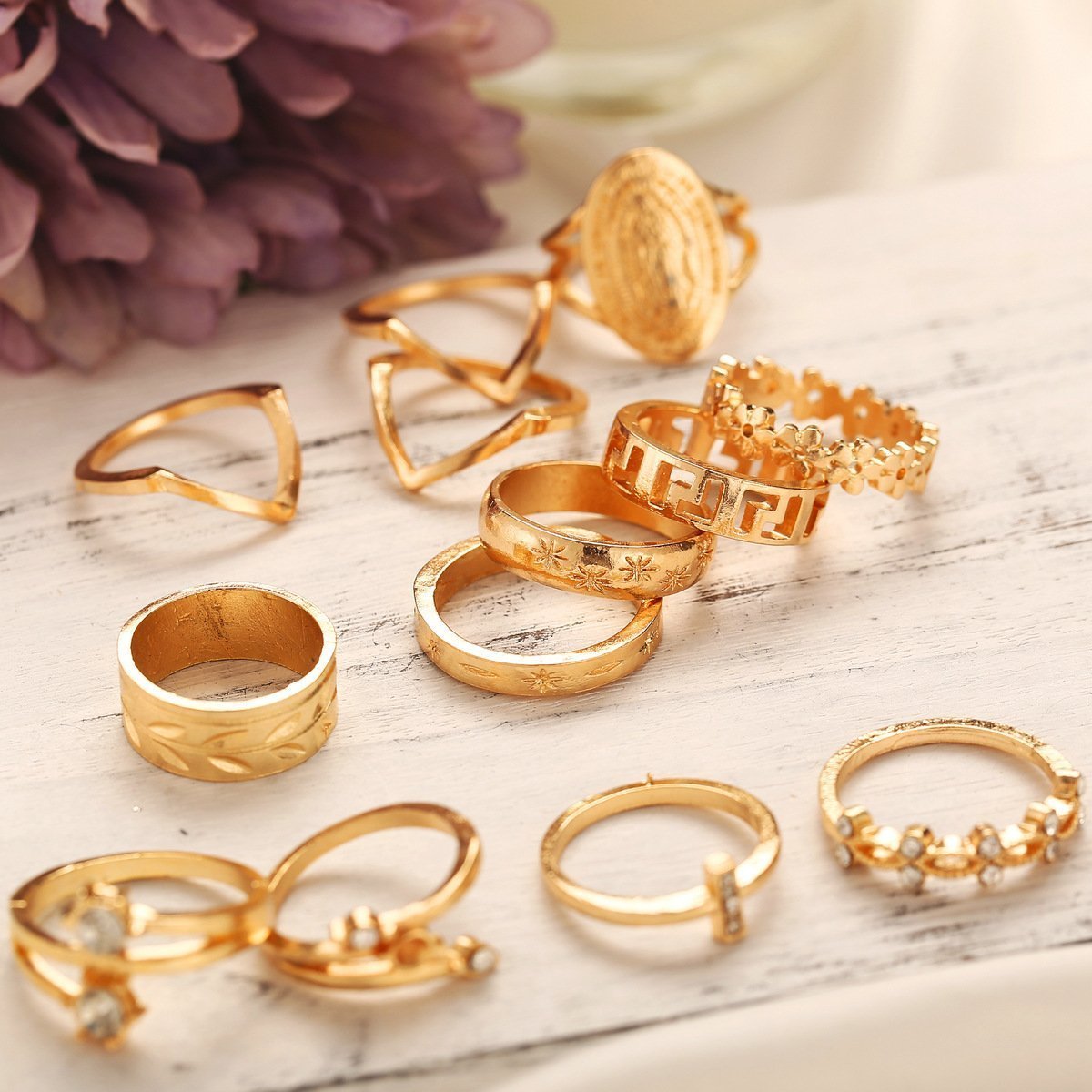 13 Piece Medallion Ring Set With Austrian Crystals 18K Gold Plated Ring ITALY Design